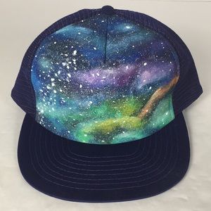 VINTAGE Hand Painted Blue Trucker Hat Galaxy